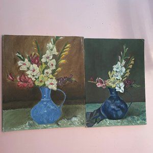 Pair of Vintage Floral Paintings on Canvas Boards